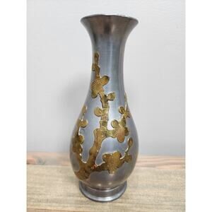 Vintage Mid-century Solid Pewter Vase with Brass Overlay Made In Hong Kong